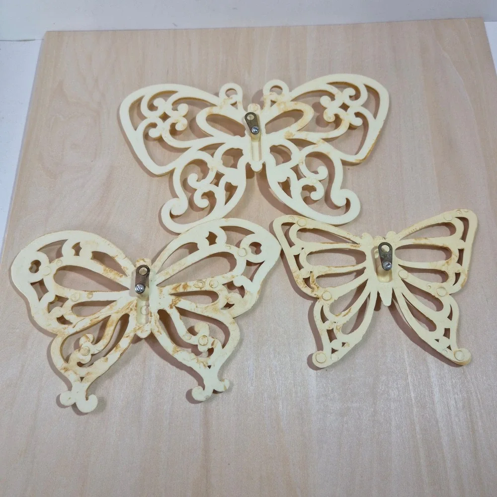 Set of 3 Cream Ornate Butterfly‎ Wall Decor Sculpture Art Vintage Retro
